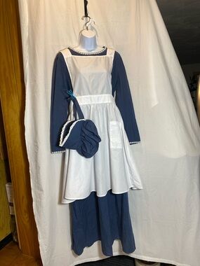 Americana Colonial Navy Blue Long Dress with White Apron and Bonnet - women XL